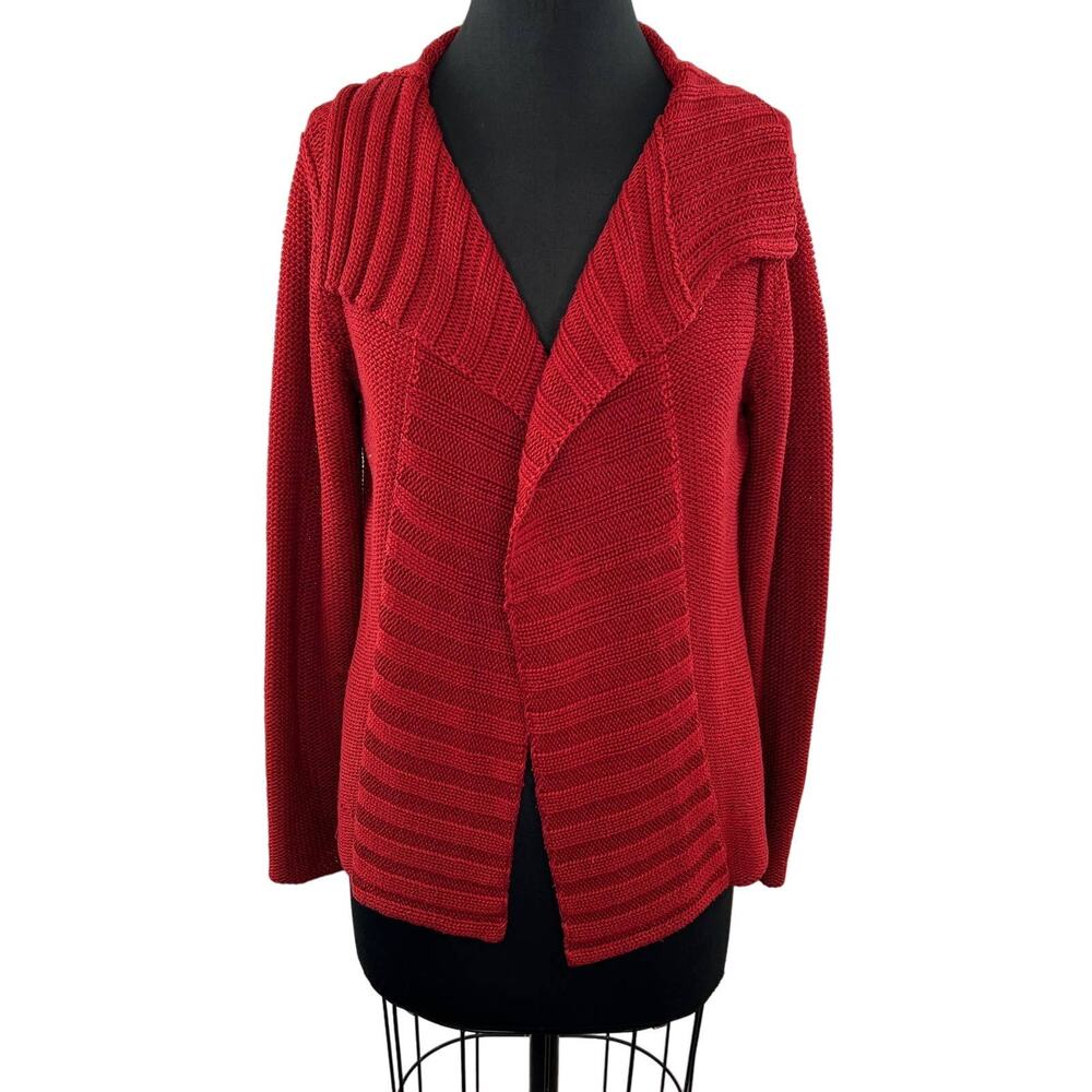 Beyond Threads Red Pima Cotton Chunky Knit Ribbed Foldover Collar Cardigan M